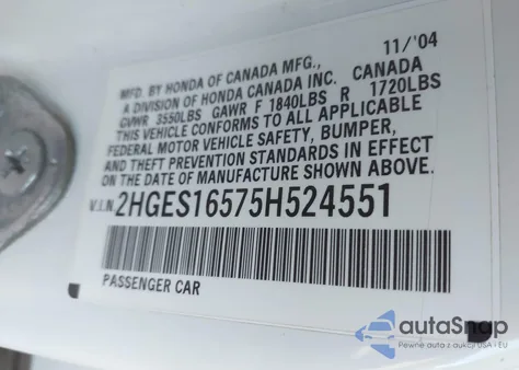 2005 Honda Civic Lx from USA, damaged, VIN 2HGES16575H524551